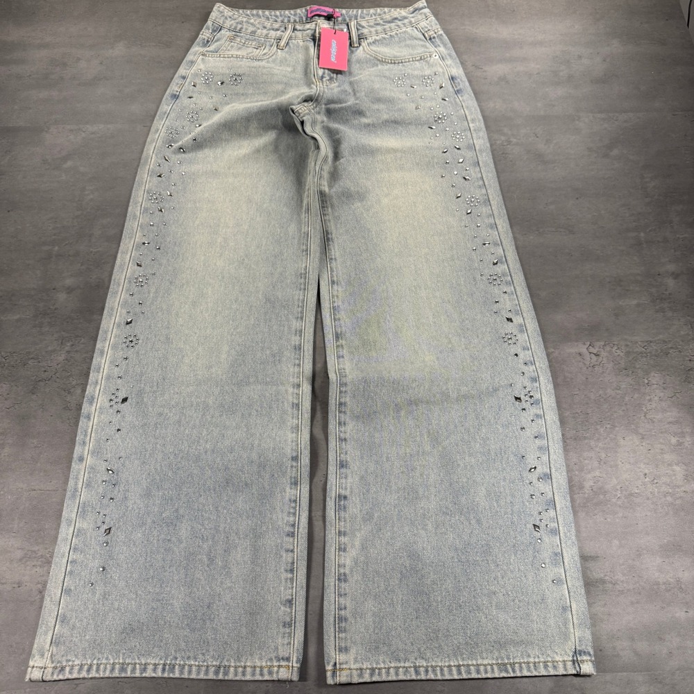 Edikted Jeans S 28x32 Low Rise cLight Blue Rhinestone Studded Wide Leg NEW $118